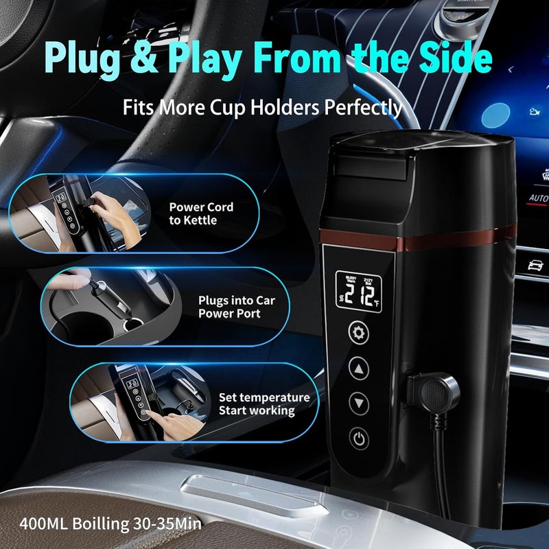 FVPE Car Electric Kettle for Travel : 12V/24V Small Electric Water Kettle, Multi-Temp Control 400 mL Portable Car Water Boiler for Brewing Coffee Tea,LCD Display 304 Stainless Steel Truck Heating Cup - Image 3